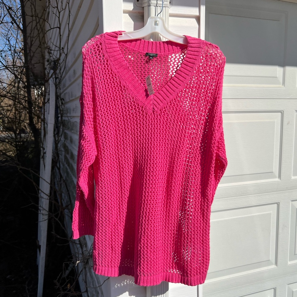 NWT Talbots Pretty Raspberry Cotton Open Weave V-neck Crochet Sweater